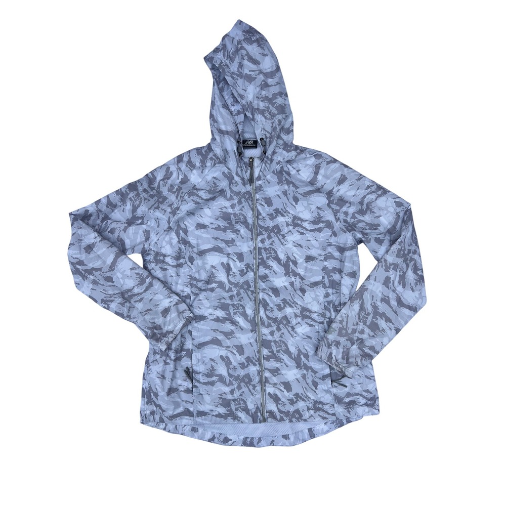 New‎ Balance Womens Grey Camo Full Zip Hooded Windbreaker Jacket Mesh Lined